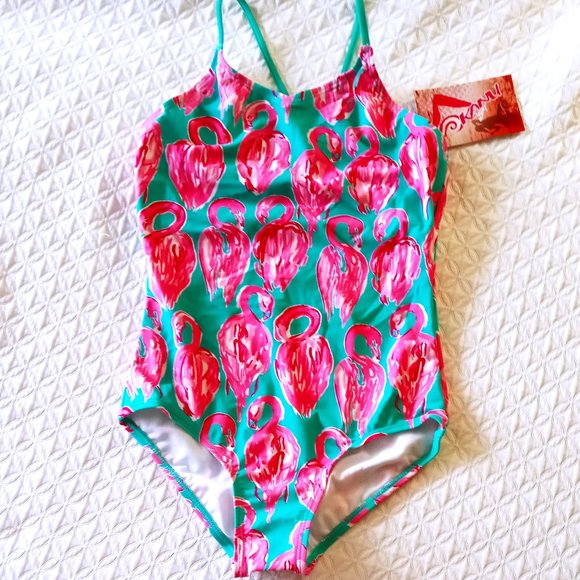 NEW Girls SZ14 One Piece Flamingo Bathing Suit Turquoise - Picture 1 of 10